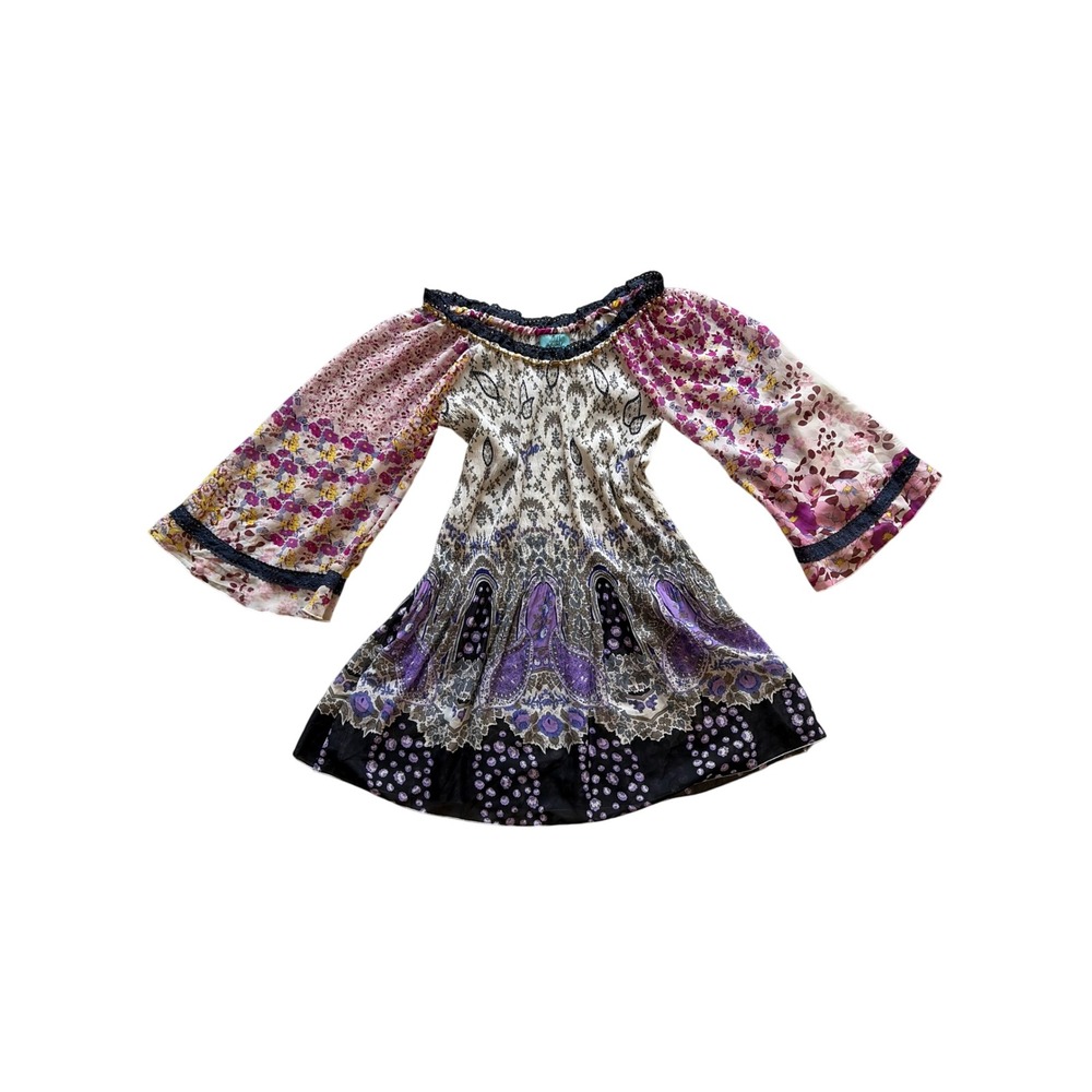 Off Shoulder Blouse Fairy Boho Y2K Faith Women XS Purple Floral Paisley Tunic